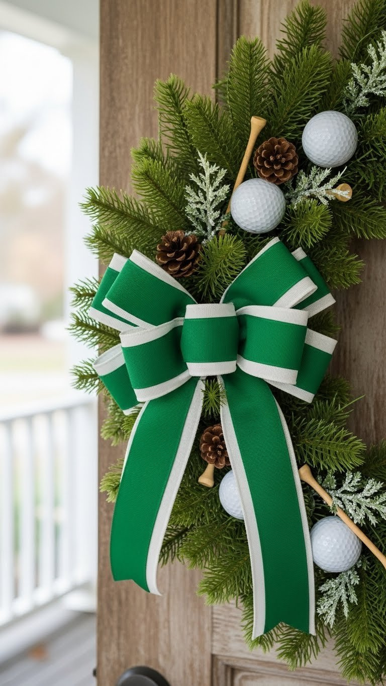 Close-Up Of Vibrant Green Ribbon Bow With Golf Balls On Rustic Wreath Against Weathered Wooden Door Background