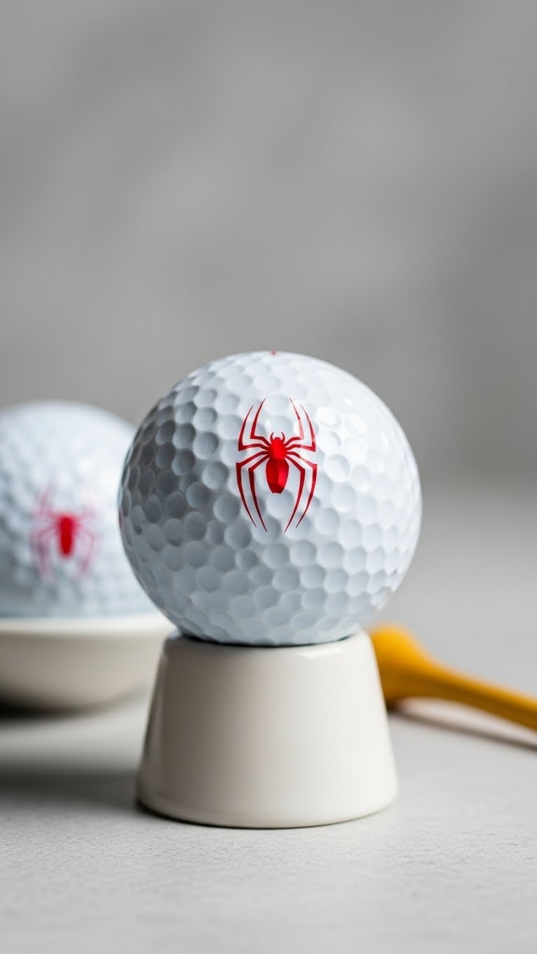 Close-Up Of White Spiderman Golf Ball With Iconic Red Spider Logo On Ceramic Stand Against Soft Gray Background