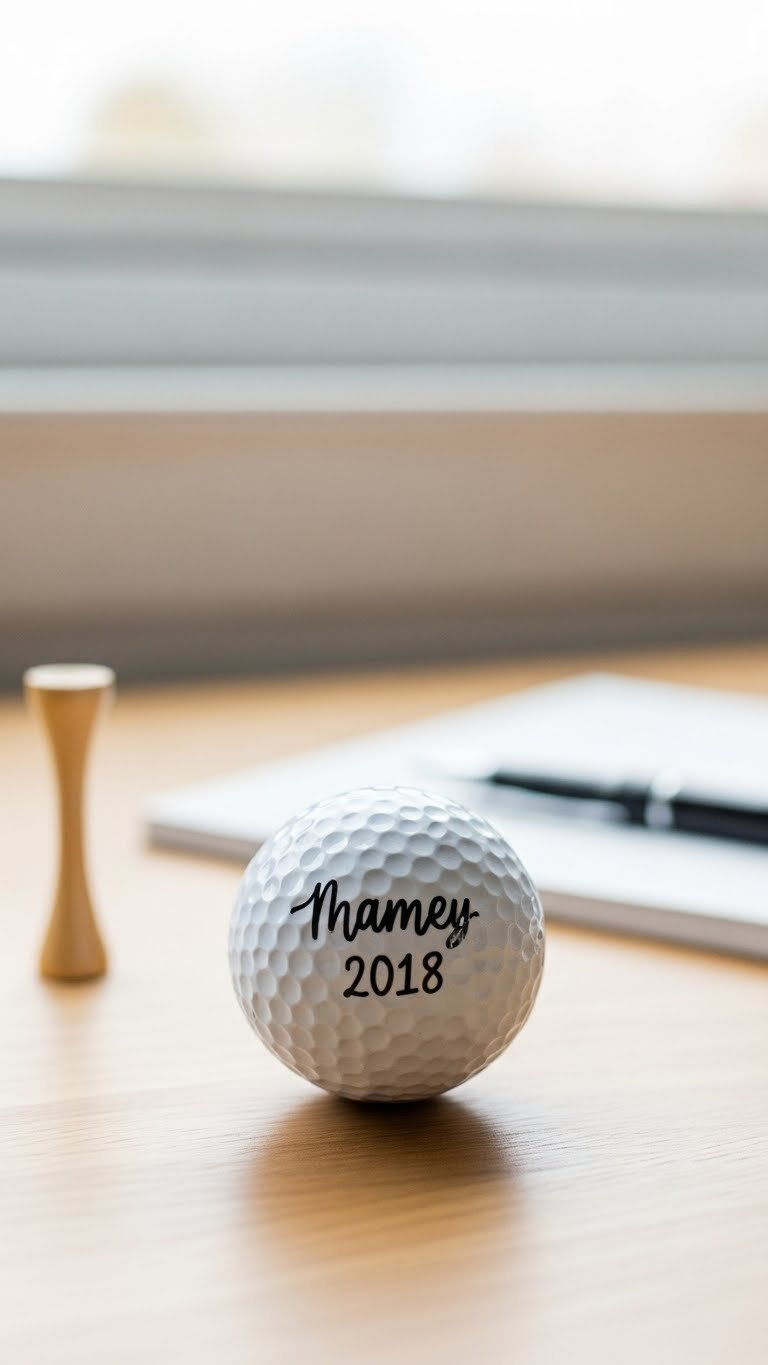 Close-Up Of White Golf Ball With Elegant Black Handwritten Script Message On Light Wood Surface With Soft Bokeh Background