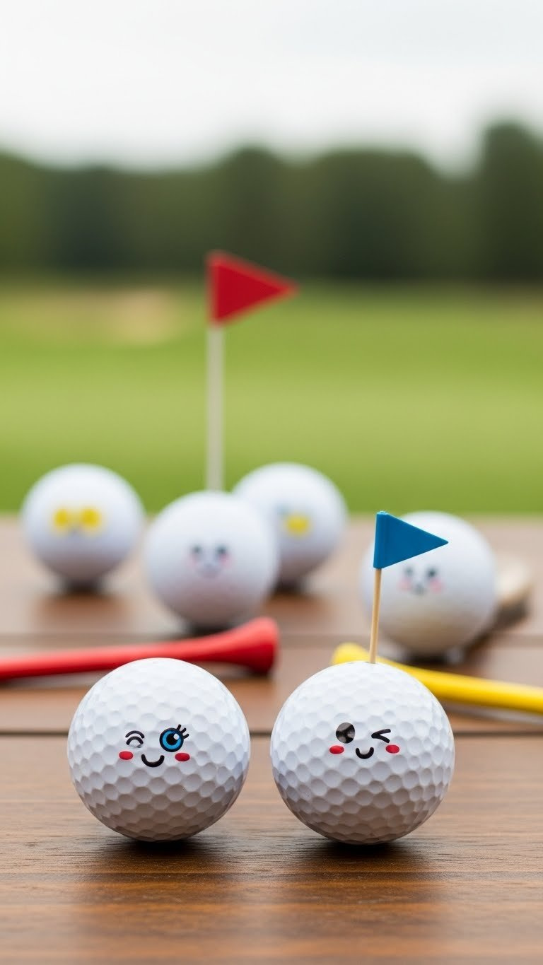 Close-Up Of White Golf Ball With Hand-Painted Cartoon Face On Rustic Wooden Table With Bokeh Golf Course Background