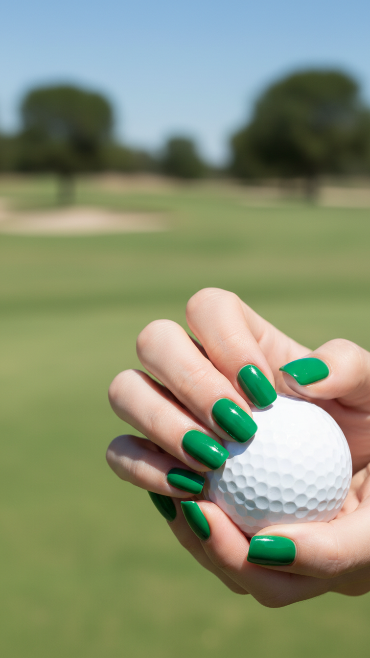 Close-Up Of Woman'S Hands With Vibrant Kelly Green Manicure Resting On White Golf Ball Against Soft Golf Course Bokeh Background