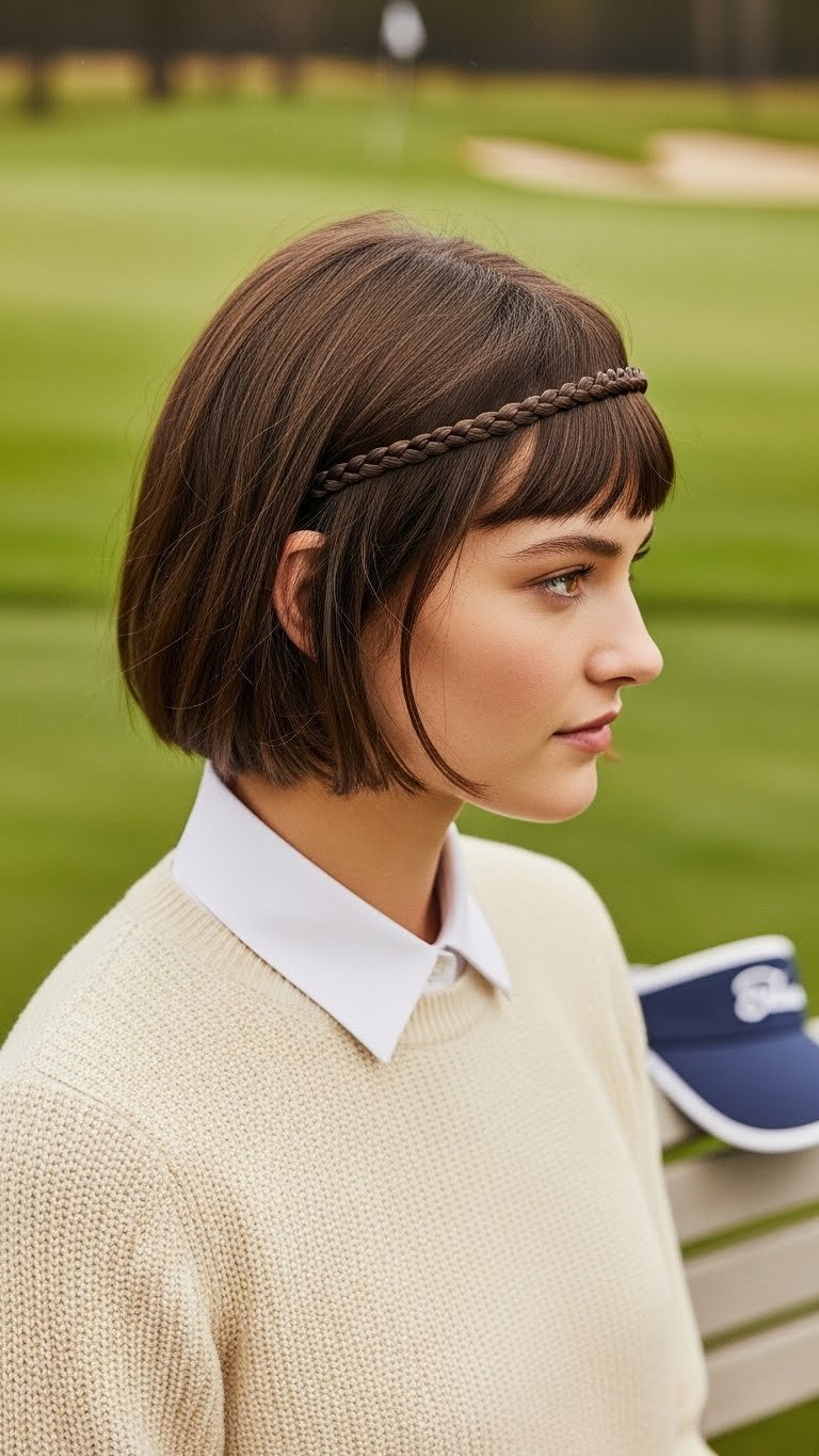 Close-Up Portrait Of Woman With Short Bob Hair Styled With Mini Braided Headband Against Soft Golf Course Background