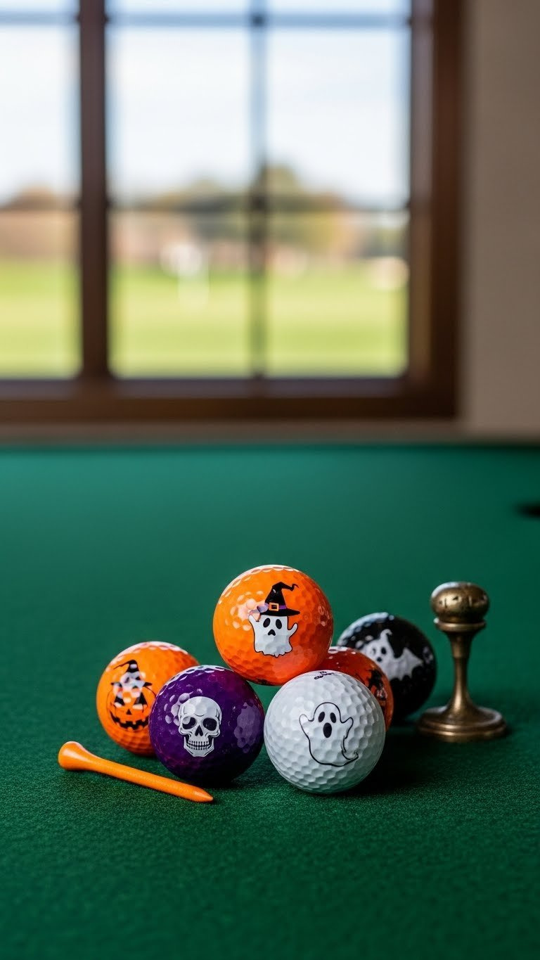 Close-Up Shot Of Halloween-Themed Golf Balls Featuring Skulls, Ghosts, And Bats Arranged On Dark Green Putting Felt With Soft Bokeh Background.
