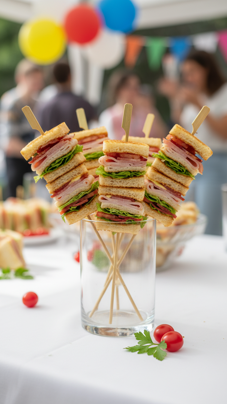Club Sandwiches On Bamboo Skewers Arranged Upright In Glass Container With Turkey, Ham, Bacon, Lettuce, And Tomato Layers.