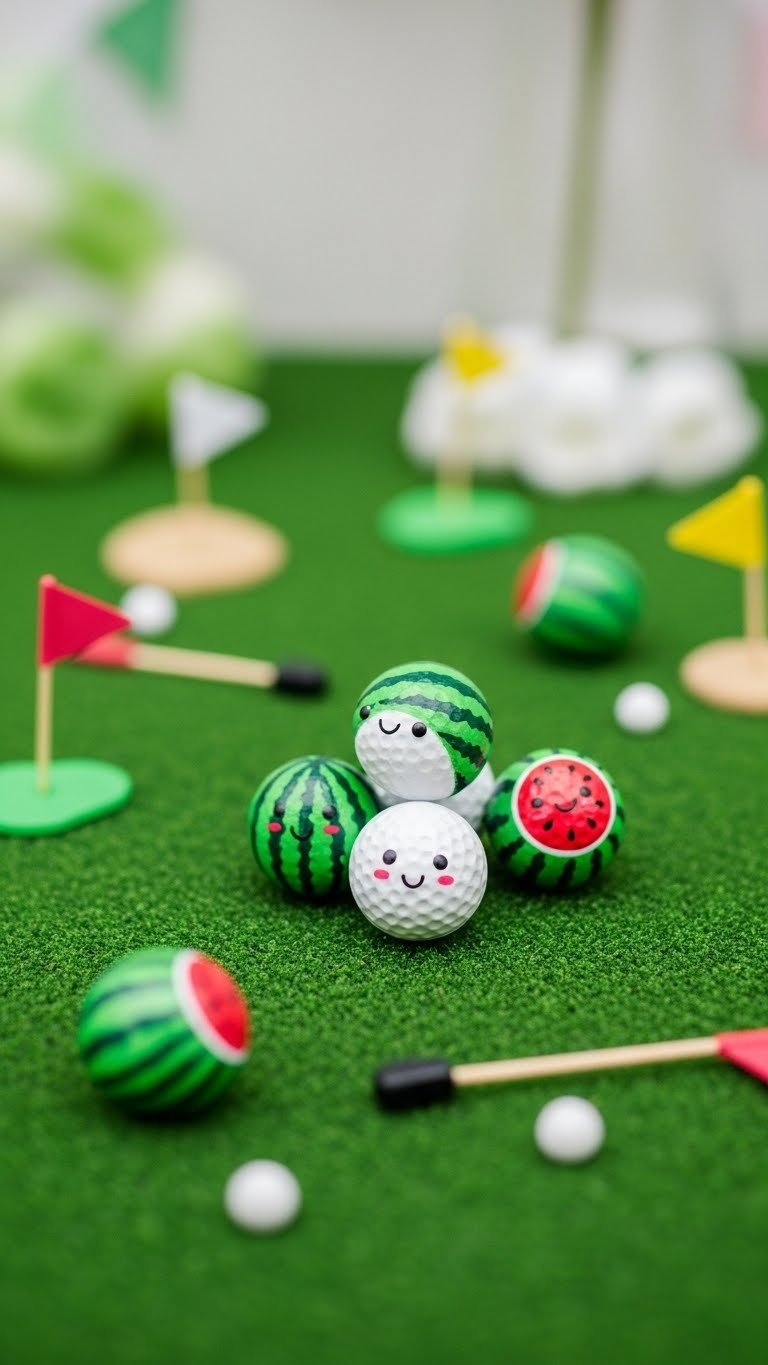 Cluster Of Miniature Watermelon Golf Ball Decorations Scattered On Green Lawn Surface