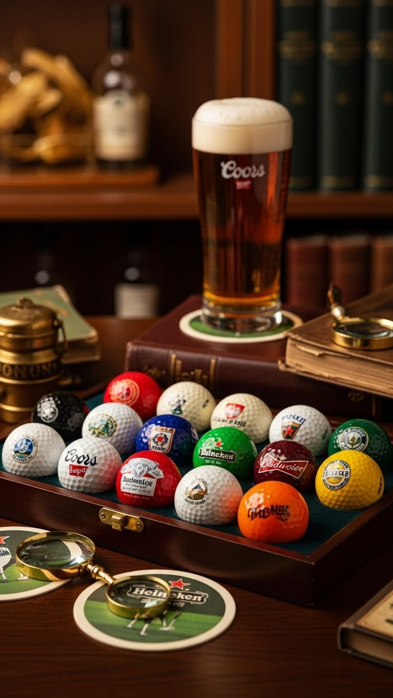 Collectible Vintage Beer Brand Golf Balls Arranged On Velvet-Lined Display Case With Warm Golden Hour Lighting