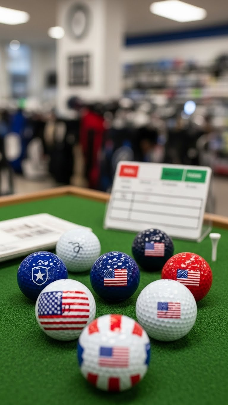 American Flag Golf Balls: Ultimate Buying &Amp; Diy Guide Collection Of 4-5 Branded American Flag Golf Balls On Display Stand With Subtle Logos Visible In Pro Shop Setting.
