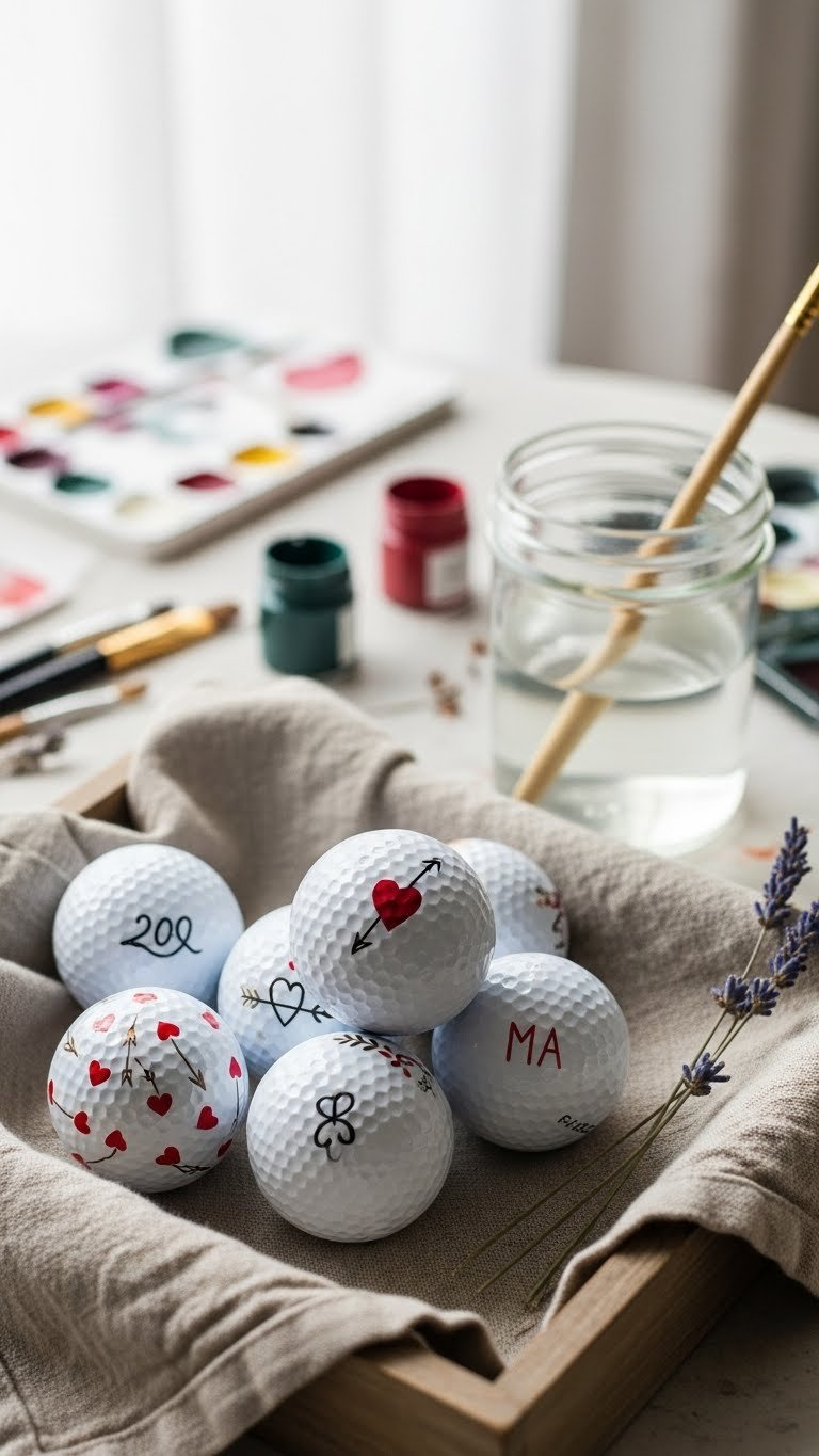 Collection Of Diy Hand-Painted Golf Balls With Romantic Heart And Floral Designs On Rustic Wooden Tray With Crafting Elements