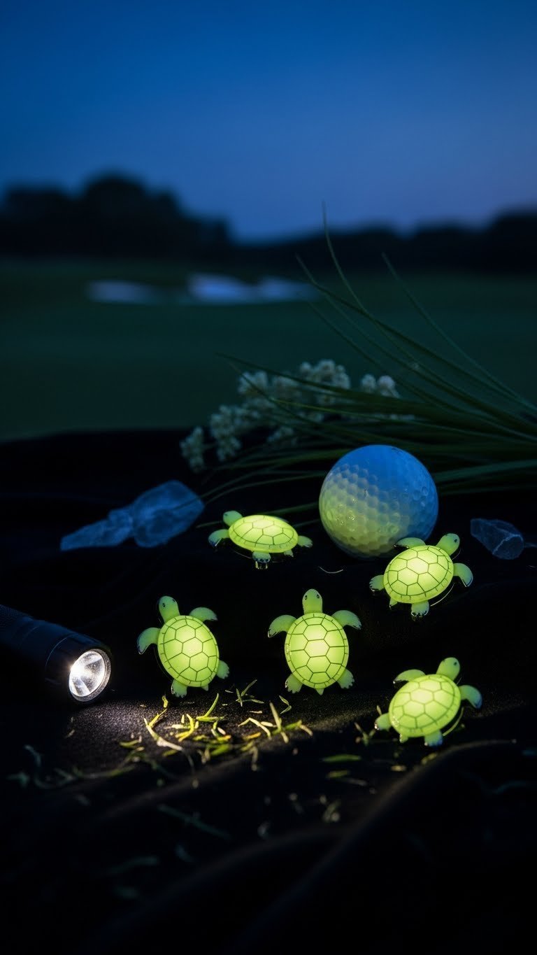 Collection Of Glow-In-The-Dark Turtle Golf Ball Markers Arranged On Black Velvet Cloth At Dusk.
