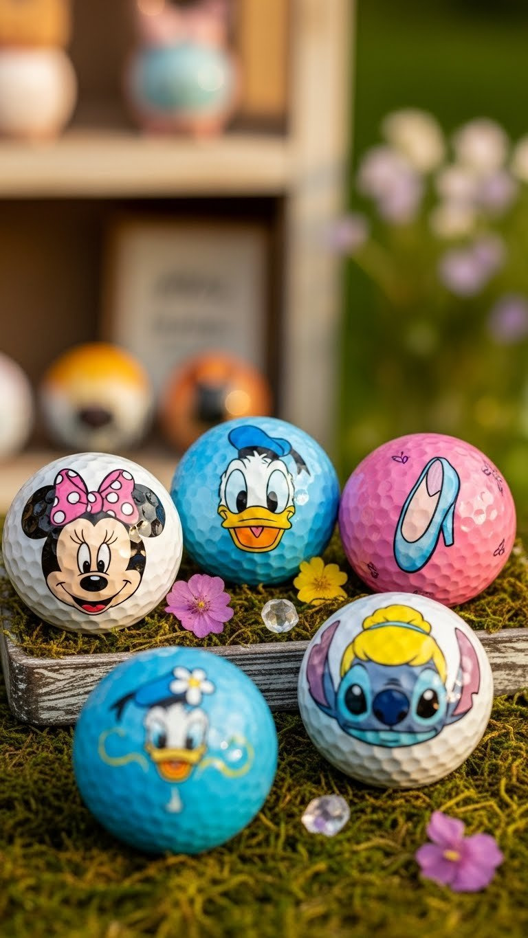 Collection Of Hand-Painted Disney Character Golf Balls Featuring Minnie Mouse, Donald Duck, And Stitch
