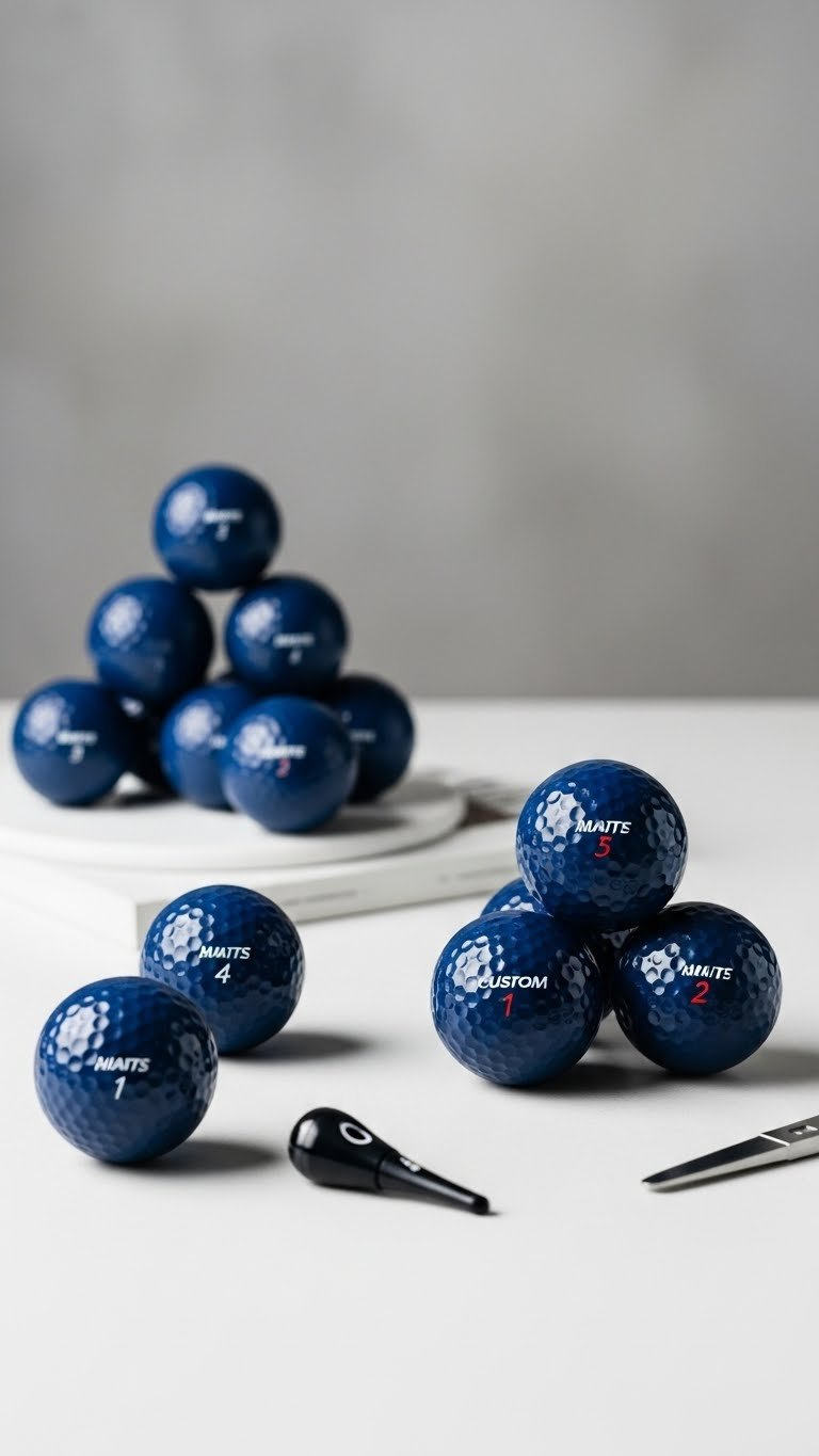 Collection Of Matte Blue Golf Balls With Crisp White Custom Text Arranged In Minimalist Flat Lay On White Table
