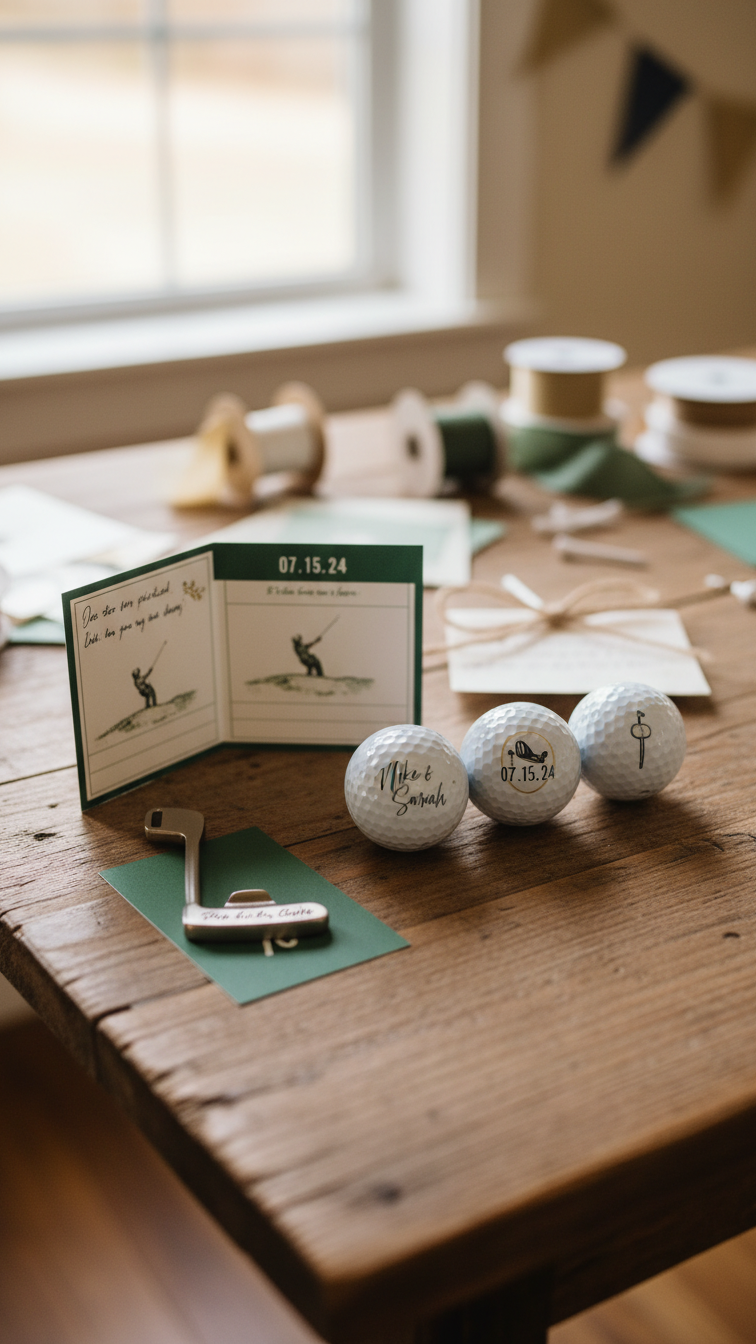 Collection Of Personalized Golf Party Items Including Custom-Printed Golf Balls On Rustic Wooden Table