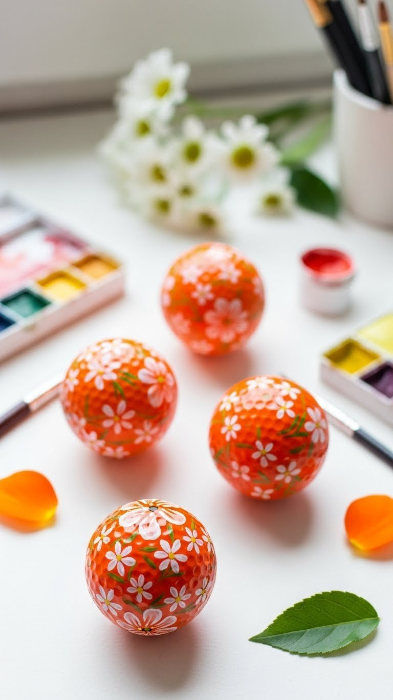 Collection Of Vibrant Orange Golf Balls With Delicate Hand-Painted Floral Patterns On Clean Minimalist White Surface