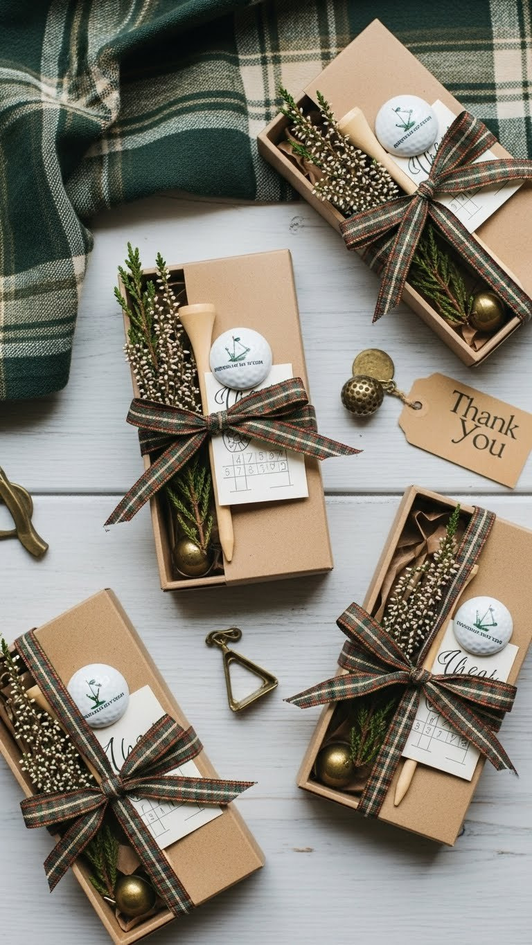 Collection Of Vintage Golf Party Favors Including Ball Markers And Wooden Tees In Gift Boxes With Plaid Ribbons