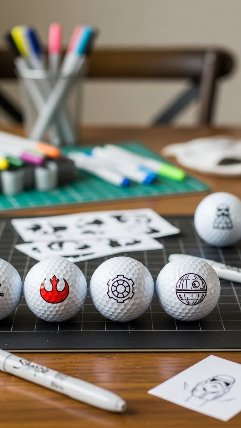 Collection Of White Golf Balls Decorated With Star Wars Sharpie Designs Including Rebel Alliance Symbol And Lightsabers On Craft Mat