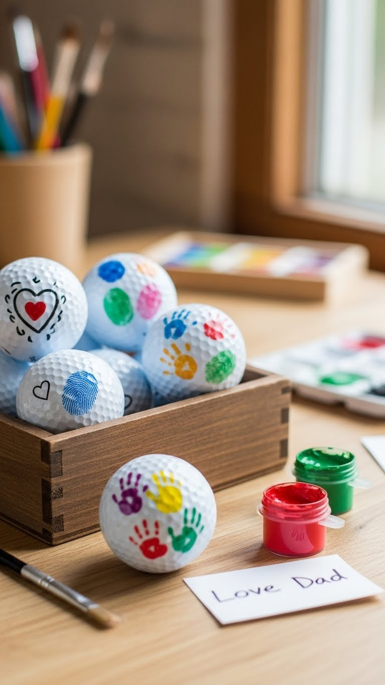 Collection Of White Golf Balls With Colorful Child Fingerprints Forming Heart Shapes Displayed In Rustic Wooden Box.