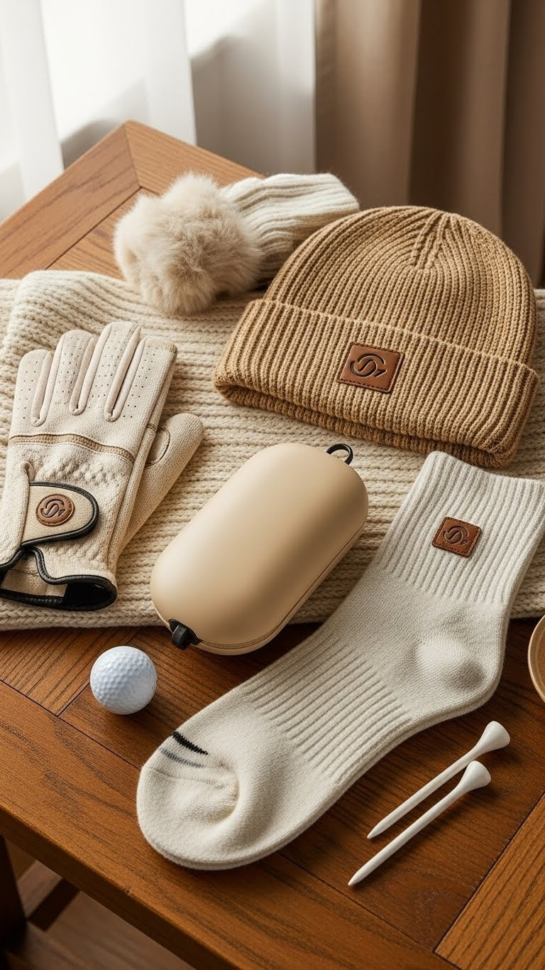 Collection Of Women'S Winter Golf Accessories Including Knit Beanie, Insulated Gloves, And Thermal Socks.
