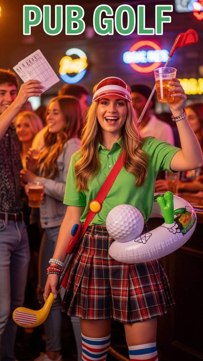College Student In Neon Green Polo Shirt With Plaid Shorts And Oversized Golf Accessories Celebrating At Vibrant Pub Golf Party
