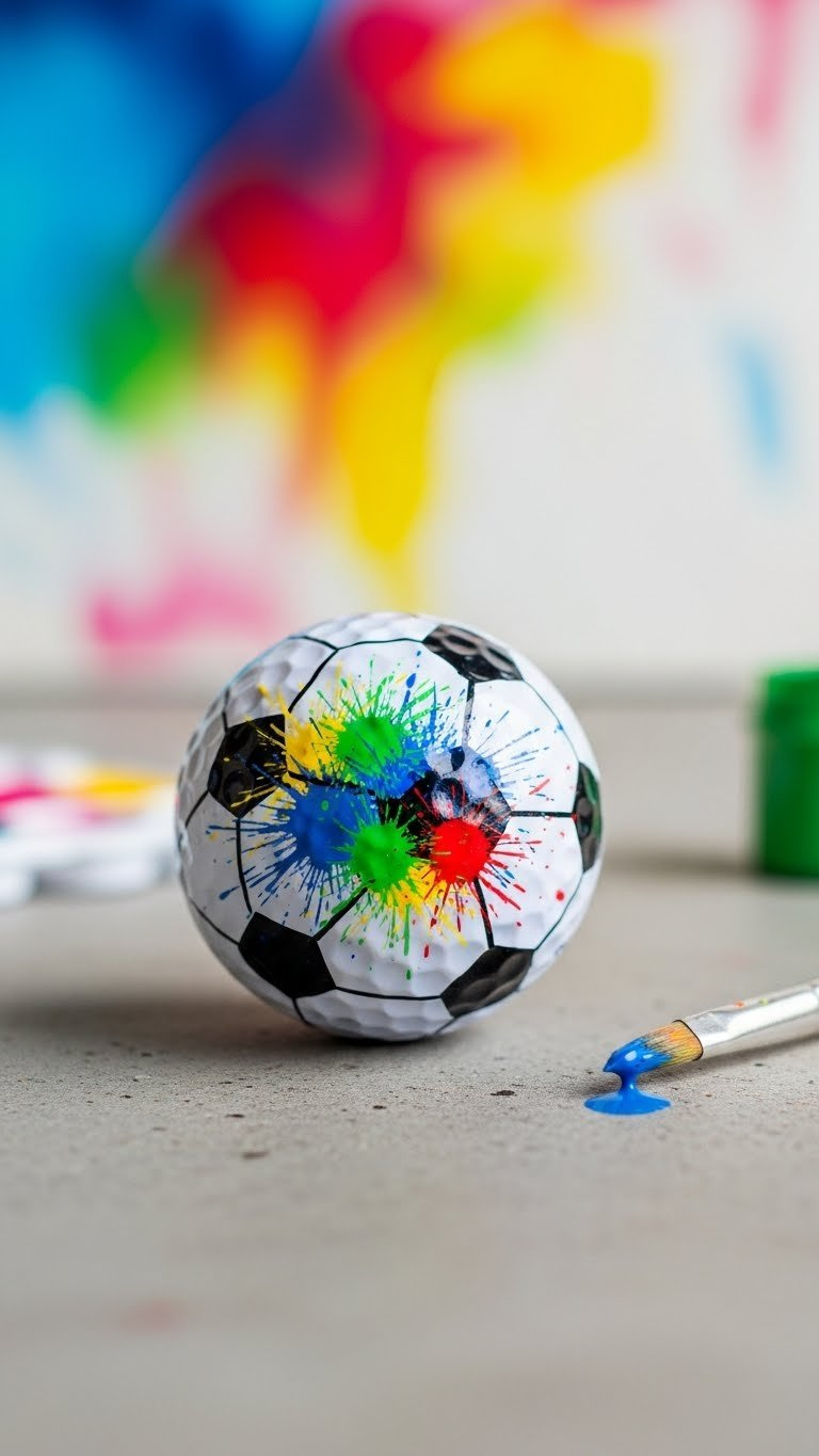 Color Splatter Soccer Pattern Golf Ball On Concrete Surface With Vibrant Abstract Background