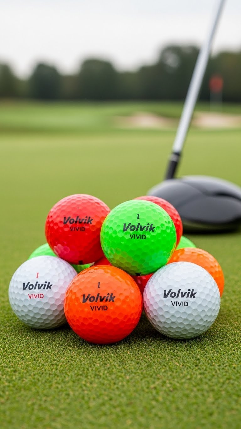 Colorful Assortment Of Volvik Vivid Golf Balls With Matte Finish Scattered On Golf Green Against Blurred Course Landscape