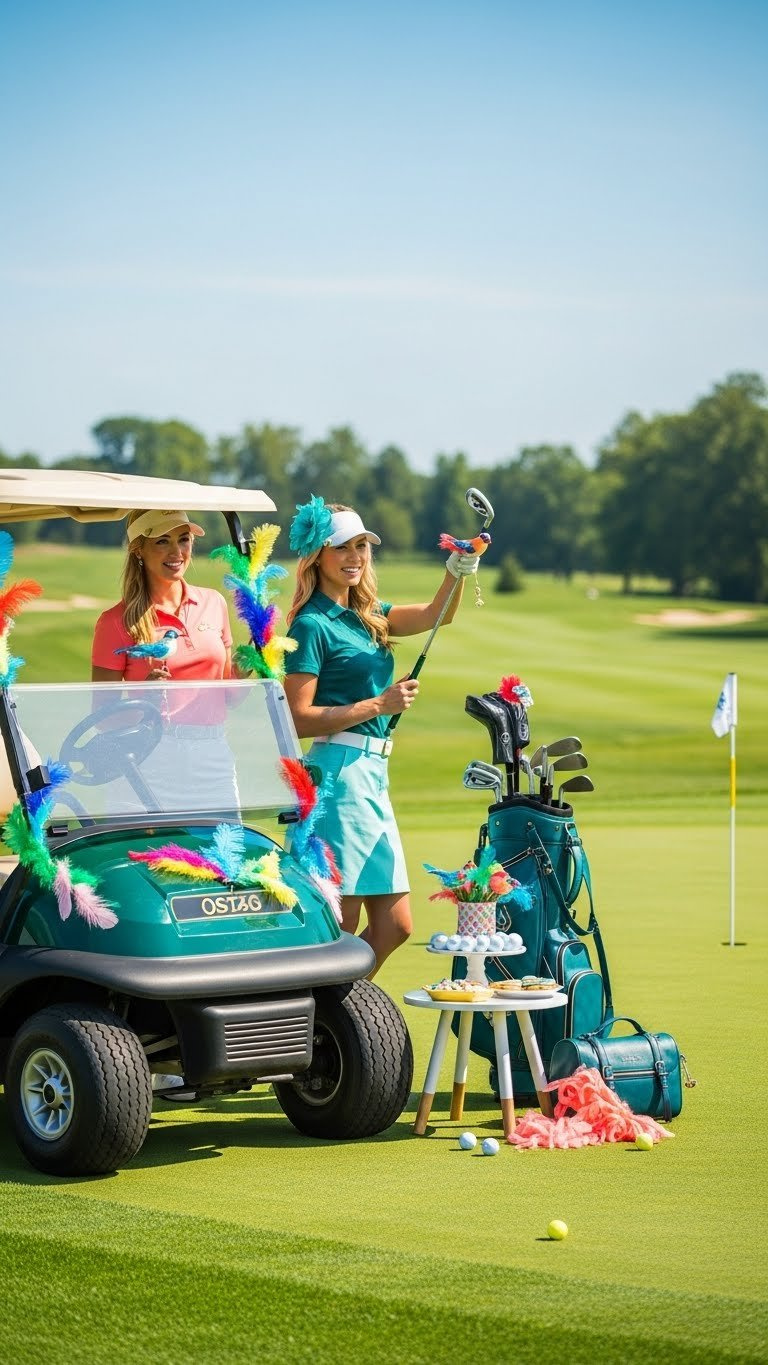 Colorful Feather-Decorated Golf Cart At Ladies Golf Party With Elegantly Dressed Female Golfers On Lush Green Course With Bokeh Background