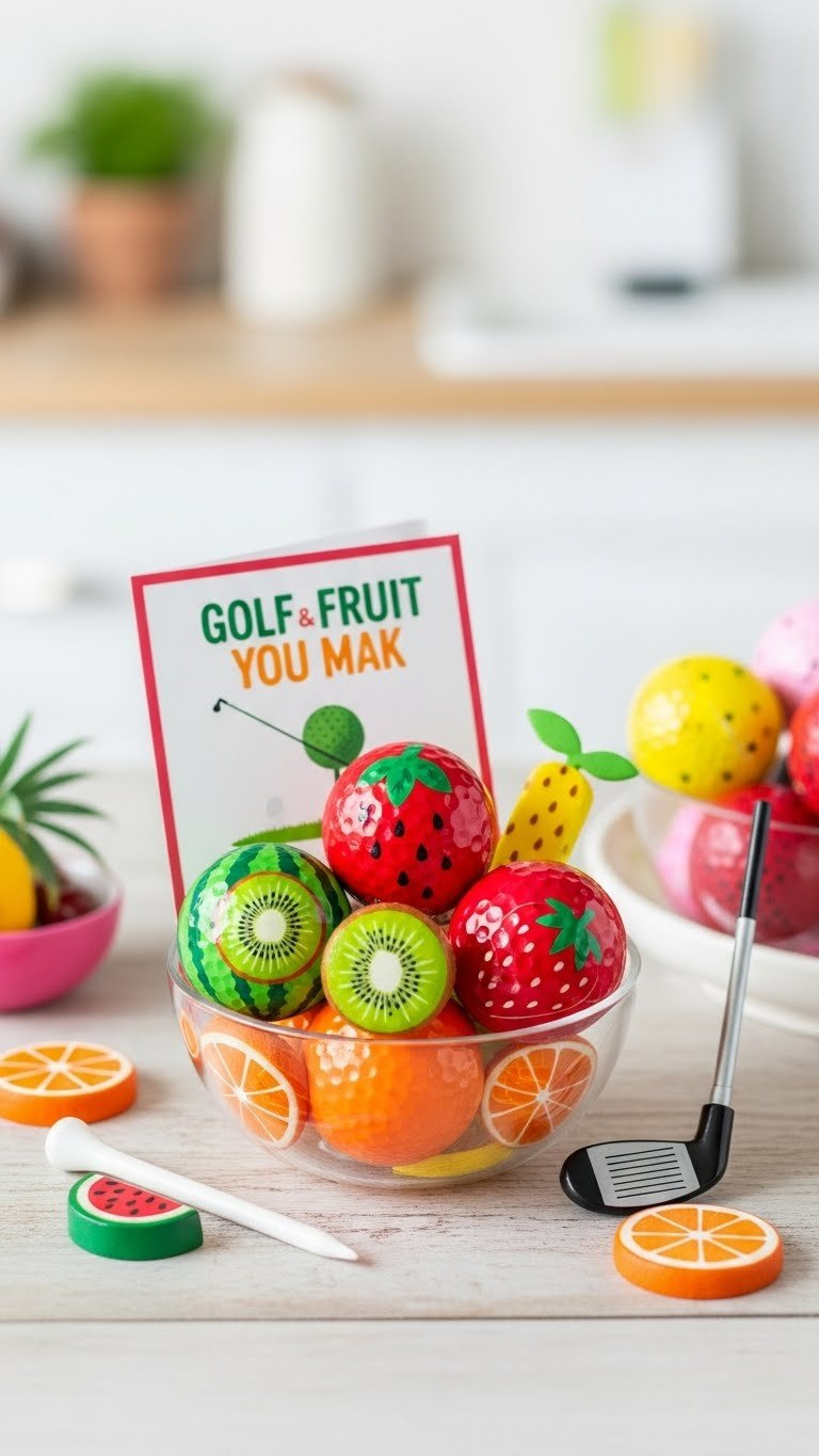 Colorful Fruit-Themed Decorated Golf Balls Arranged In Bowl With Playful Golf And Fruit Card On Rustic Table