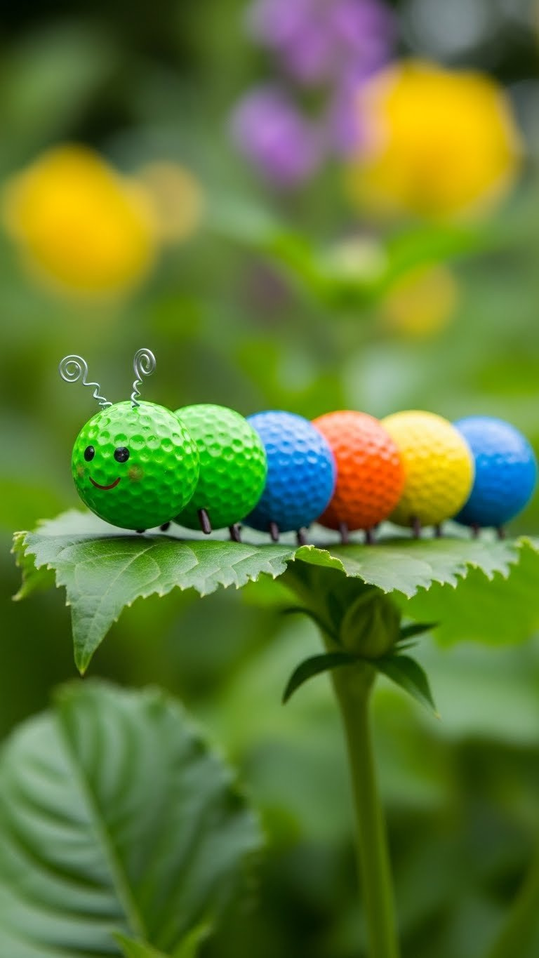Colorful Golf Ball Caterpillar Made From Connected Balls On Large Green Leaf As Garden Decor