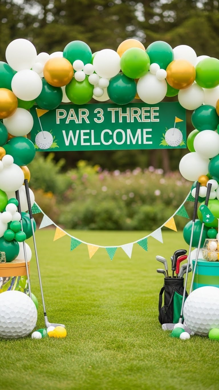 Colorful Golf Birthday Welcome Entrance With Green, White, And Gold Balloons Flanked By Miniature Golf Clubs On Lush Lawn