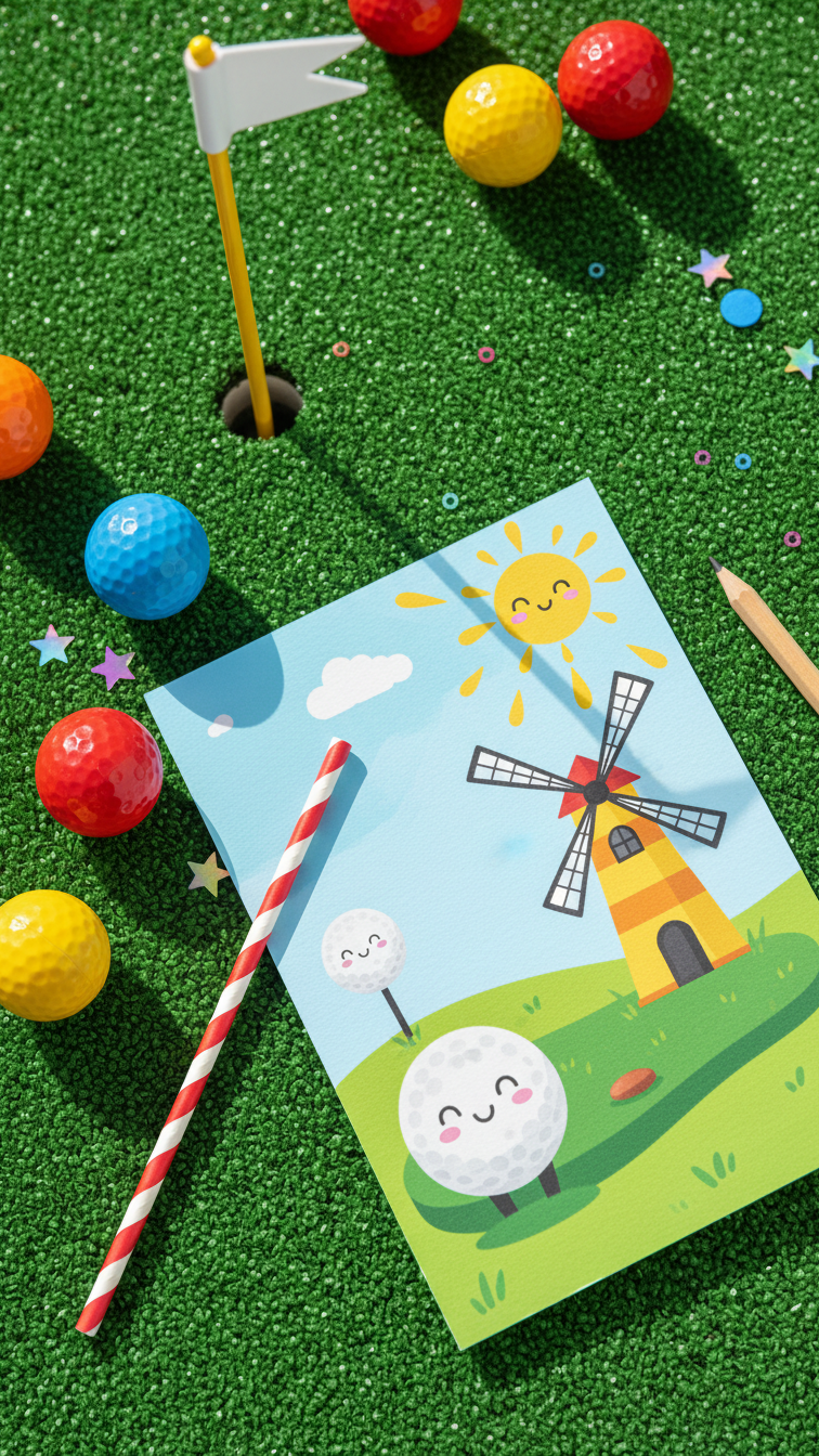 Colorful Kids Mini Golf Birthday Invitation With Cartoon Golf Balls And Windmill On Bright Green Artificial Turf