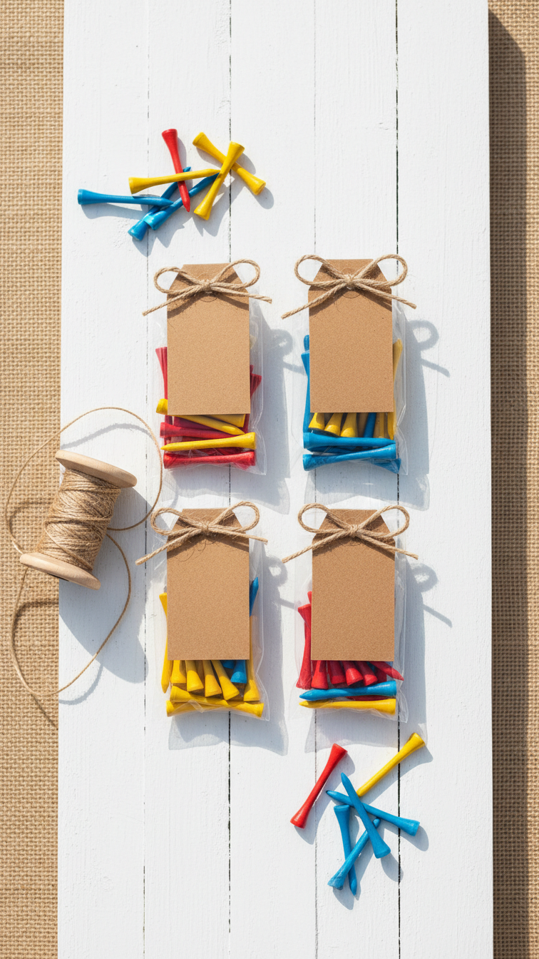 Colorful Wooden Golf Tees In Clear Cellophane Bags With Craft Paper Tags Arranged In Symmetrical Flat Lay
