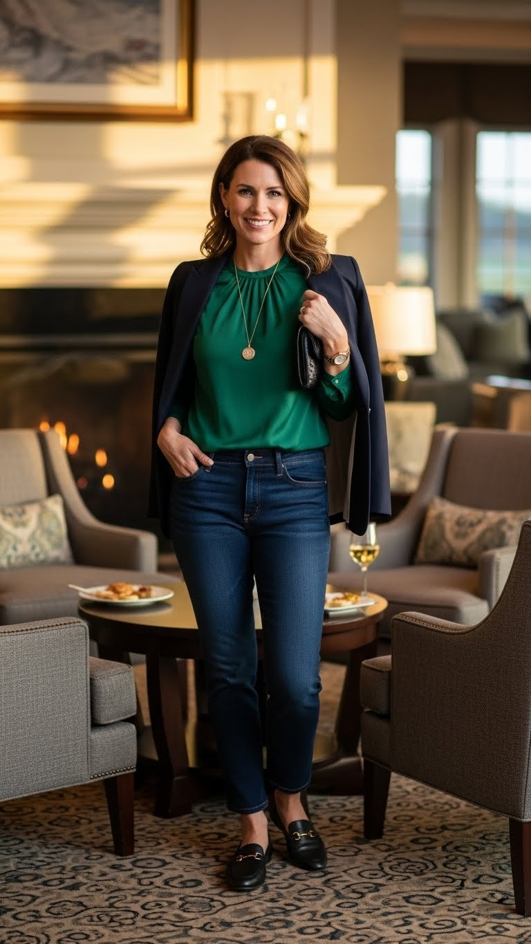 Confident Woman In Smart Casual Post-Game Outfit With Blazer Draped Over Shoulders In Luxurious Clubhouse Lounge