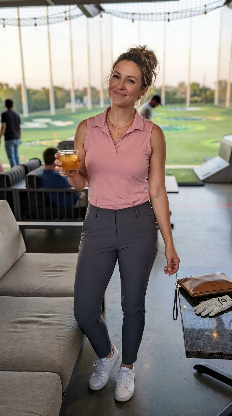 Confident Woman In Tailored Sleeveless Golf Top And Dark Trousers Holding Drink During Evening Social Scene At Topgolf