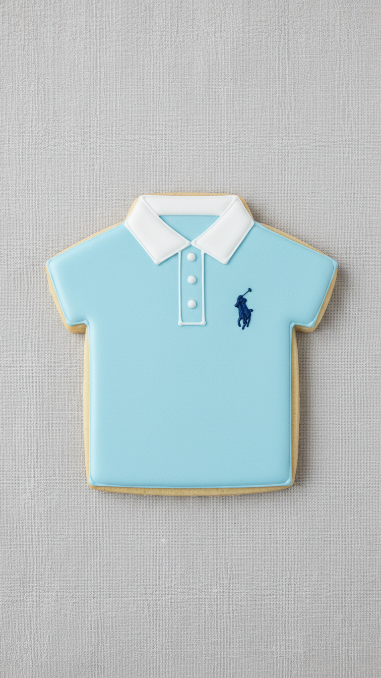 Cookie Shaped Like Light Blue Polo Shirt With White Collar And Golfer Silhouette Logo