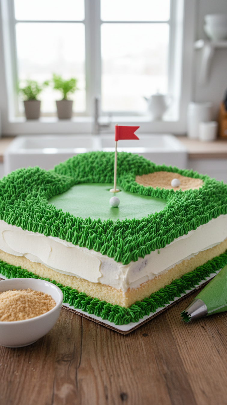 Corner View Of Classic Golf Course Sheet Cake With Edible Green Fairway, Sand Trap, And Rustic Wooden Table Background In Professional Food Photography