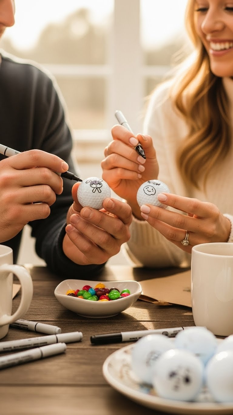 Couple'S Hands Decorating Golf Balls With Markers On Rustic Wooden Table During Golden Hour.