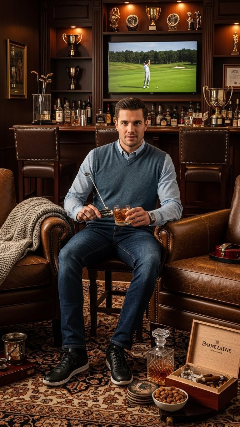 Cozy 19Th Hole Lounge Area For Golf-Themed 60Th Birthday With Leather Chairs, Stocked Bar, And Warm Ambient Lighting