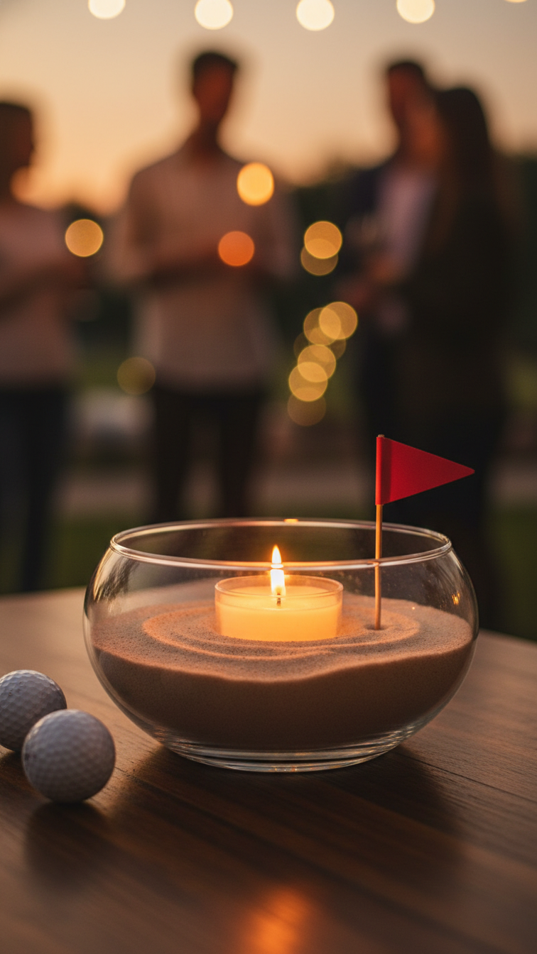 Cozy Golf-Themed Candle Holder With White Votive In Sand Bowl Featuring Miniature Red Flag And Golf Balls