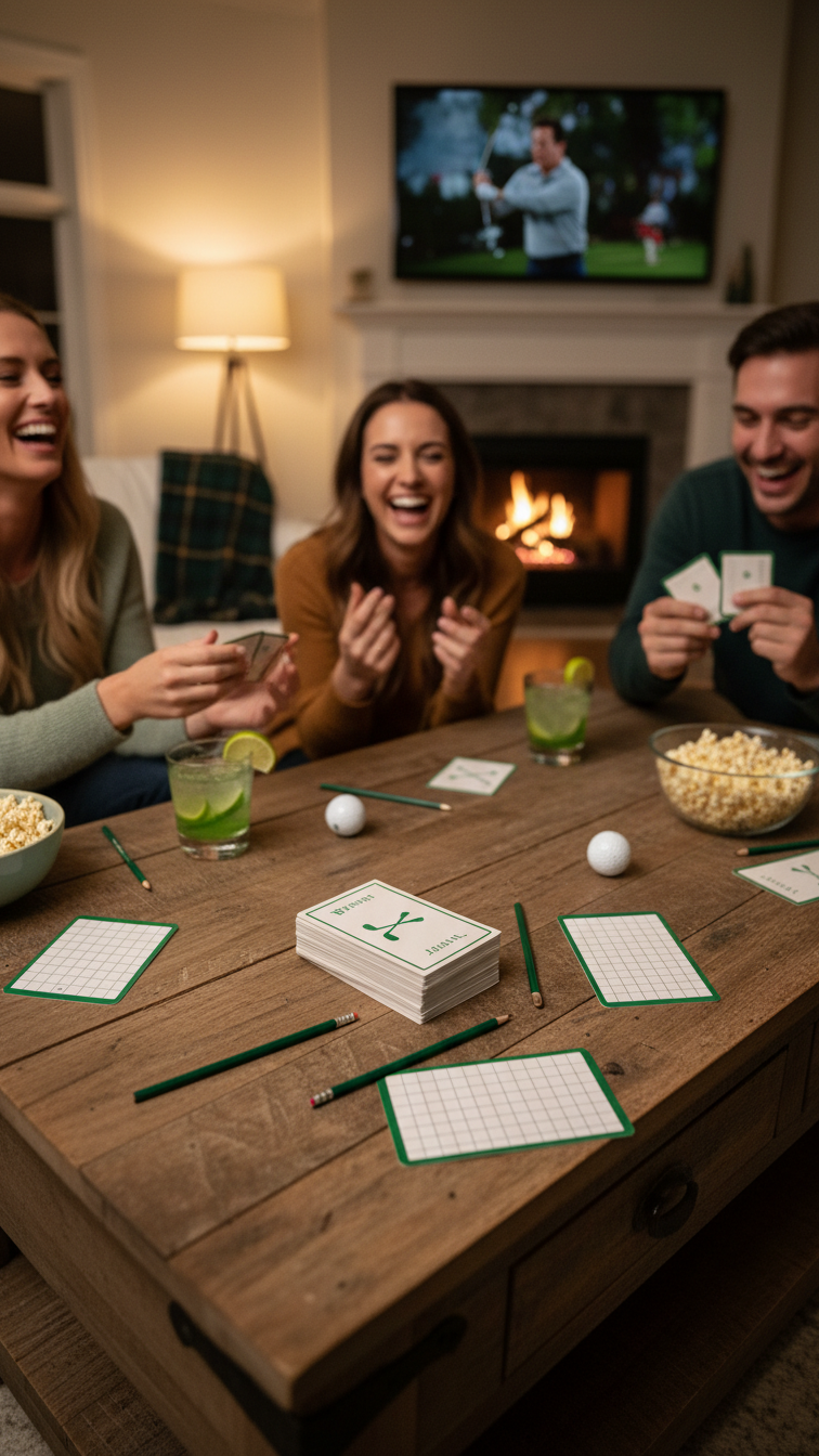 Cozy Indoor Golf Trivia Party With Friends Laughing Around Coffee Table Featuring Golf-Themed Cards And Snacks.