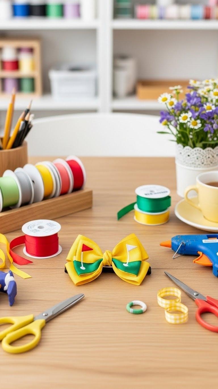 Crafting Table With Vibrant Grosgrain Golf Hair Bow Surrounded By Ribbon Spools And Crafting Tools