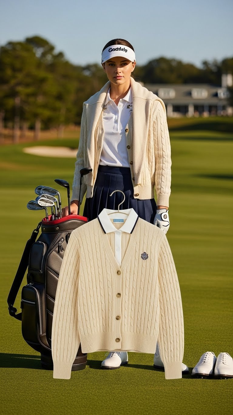 Cream Cable-Knit Cardigan Draped Over Classic Golf Polo Ensemble On Golf Course With Leather Golf Bag Nearby