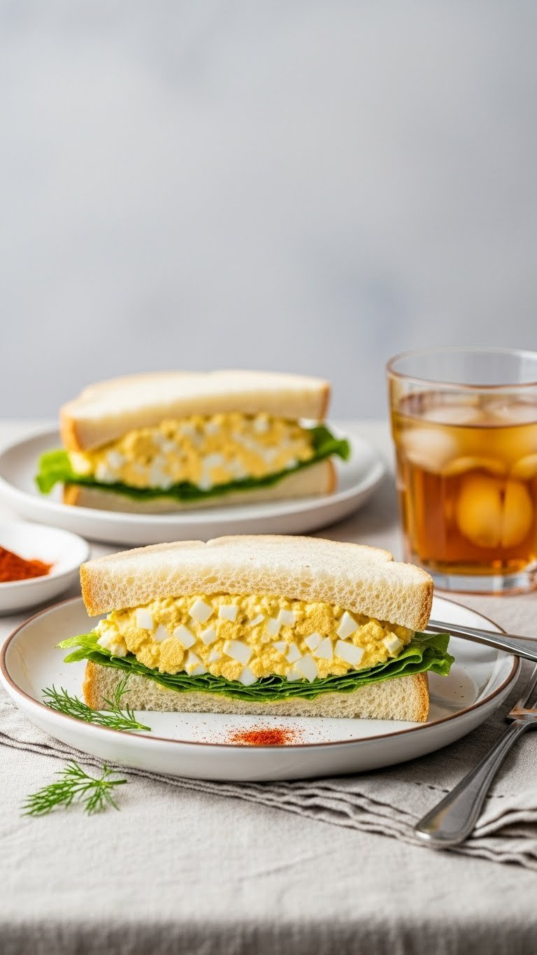Creamy Egg Salad Sandwich With Chopped Egg Pieces Between Soft White Bread On Linen Tablecloth