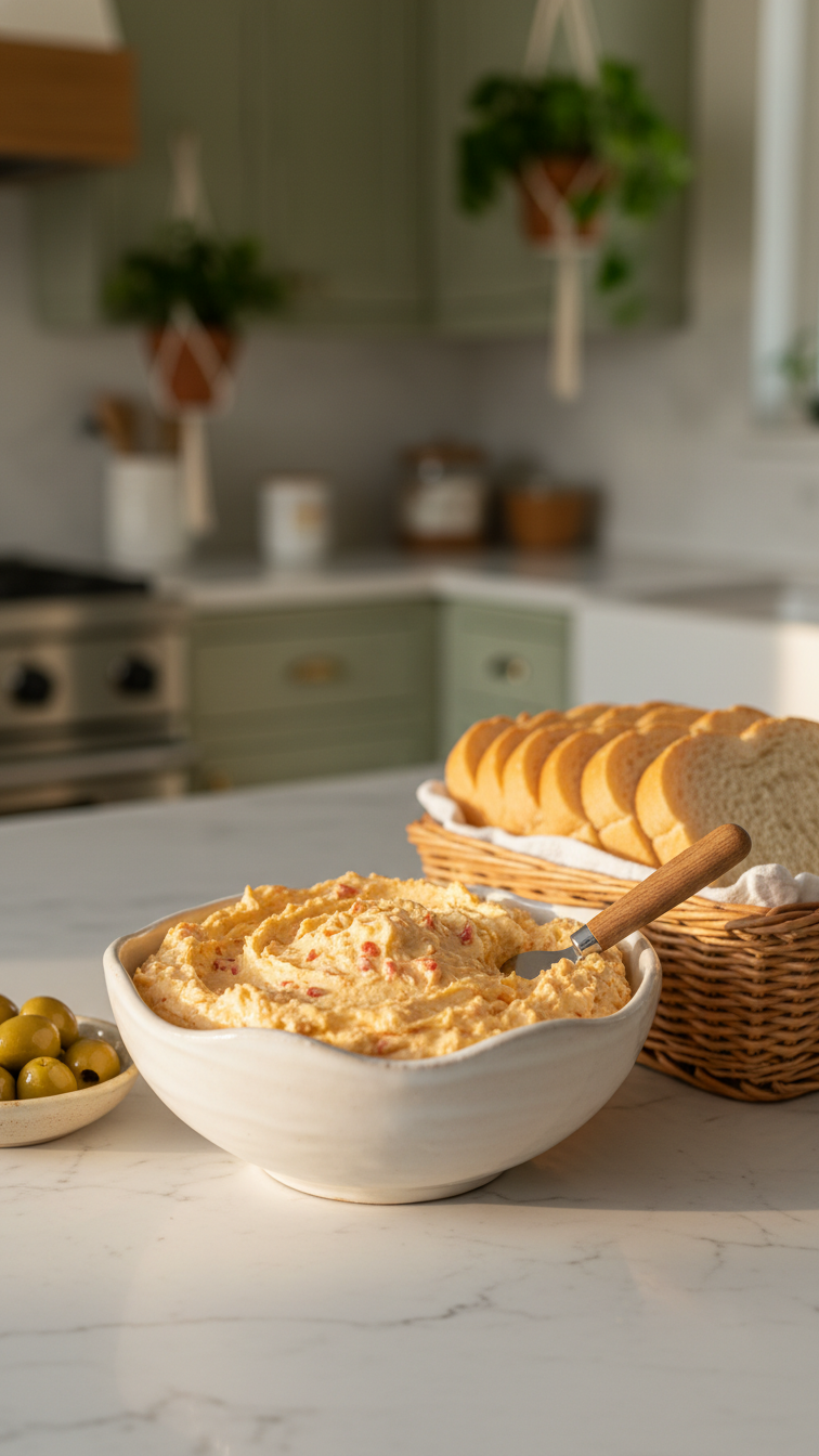 Creamy Orange Pimento Cheese Spread In Ceramic Bowl With Fresh White Bread Slices On Marble Countertop