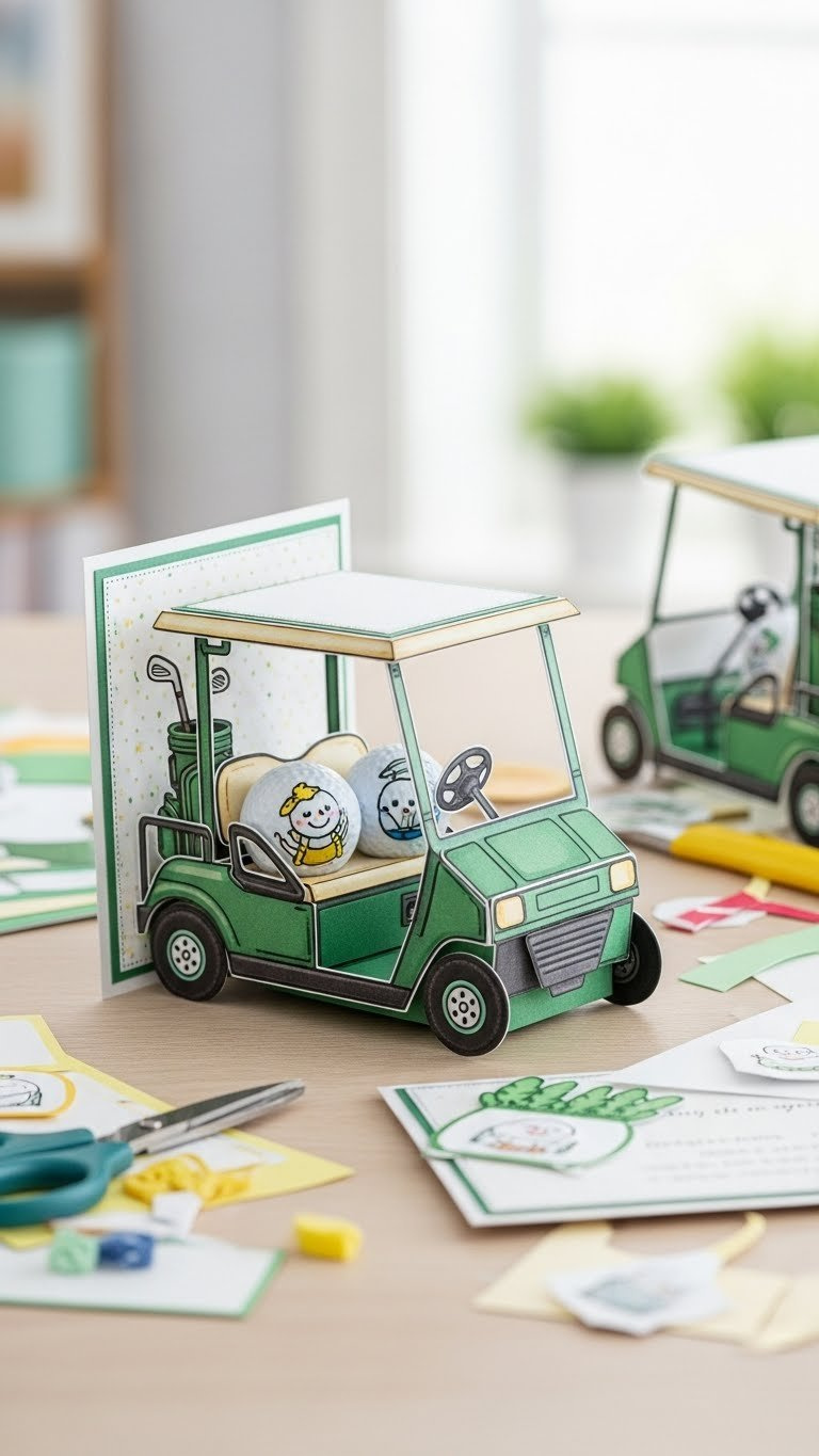 Creative Golf Cart Box Card Containing Decorated Golf Balls Displayed On Wooden Desk With Craft Tools In Bright Lighting