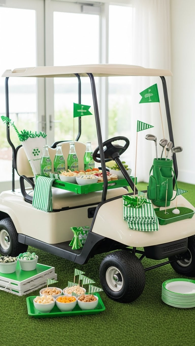 Creative Golf Cart Snack Tray Station Repurposed As Mobile Serving Cart With Themed Appetizers And Beverages