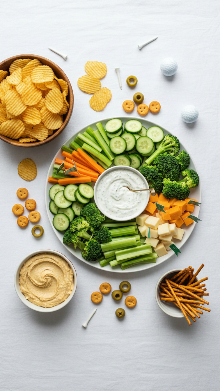 Creative Golf-Themed Snack Bar With Witty Food Labels For Chips, Dip, And Veggie Platter On Buffet Table
