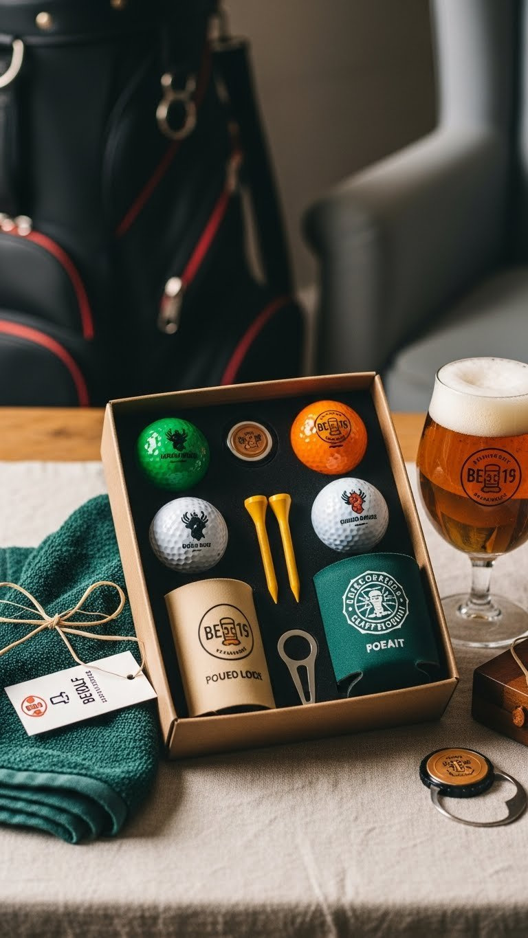 Curated Beer Themed Golf Ball Gift Set Flat Lay Presentation With Rustic Wooden Table And Complementary Accessories