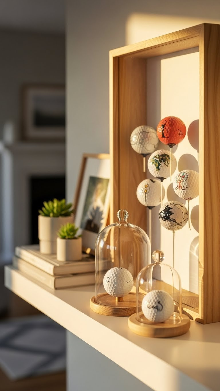 Curated Collection Of Artistic Decorated Golf Balls Displayed In Modern Shadow Box On Minimalist Floating Shelf Interior.