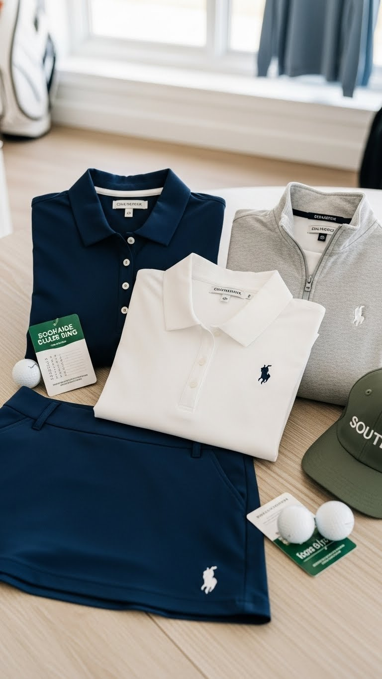 Curated Collection Of Women'S Golf Apparel In Sophisticated Navy, White, And Grey Color Palette