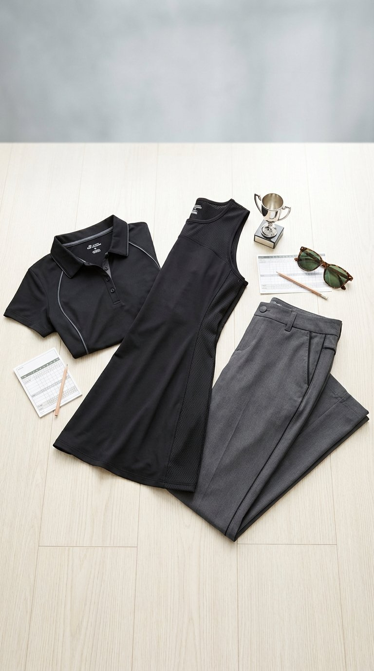 Curated Display Of Black Women'S Golf Apparel From Black-Owned Brands Arranged In Dynamic Flat Lay