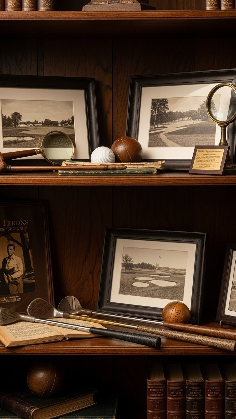 Curated Display Of Vintage Golf Memorabilia Including Hickory Clubs And Gutty Balls On Antique Wooden Shelf